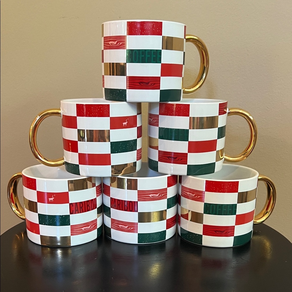 Caribou Coffee Patchwork 2022 Gold Handle Mugs - Set of 6 NWT